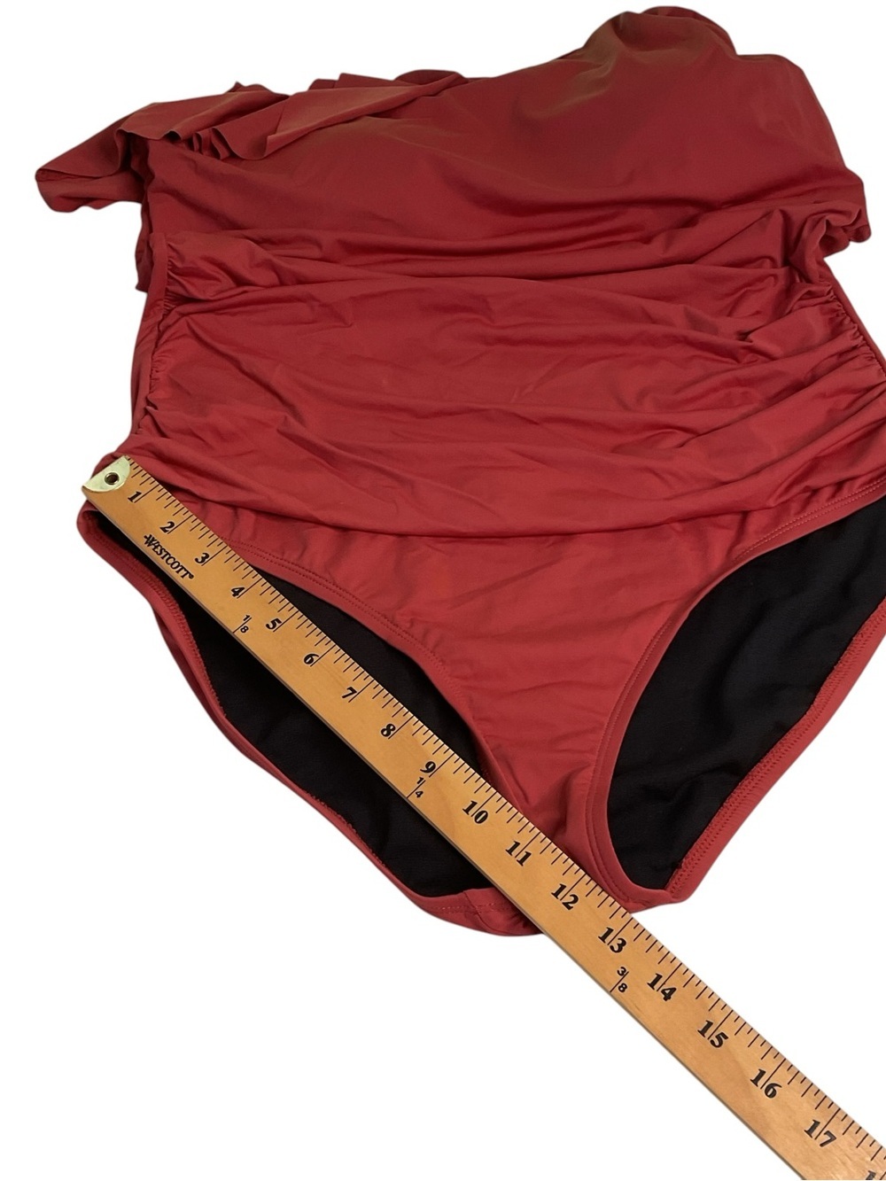 Asymmetric Ruffle One-Shoulder Swimsuit in Rust - Picture 7 of 7